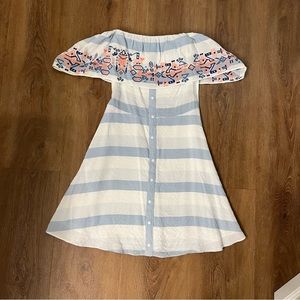 Sugarlips Off the Shoulder Striped Dress with Navy Coral Embroidery